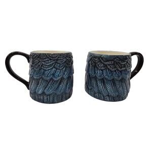Collectible John Derian Blue Feather Mug Set of 2 | 15 oz Stoneware | NWOT